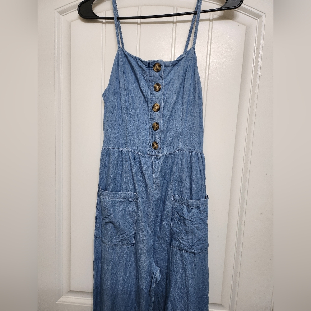 Blue Button-Front Denim Jumpsuit